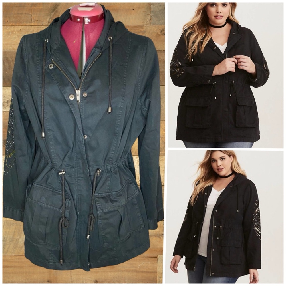 Torrid Black Hooded Adirondack jacket with the cutest embellishments!